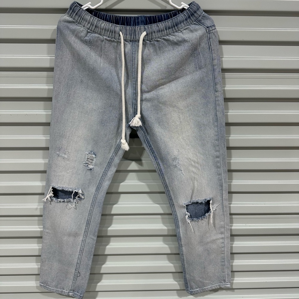 easel Light Blue Slim Distressed Drawstring Jeans